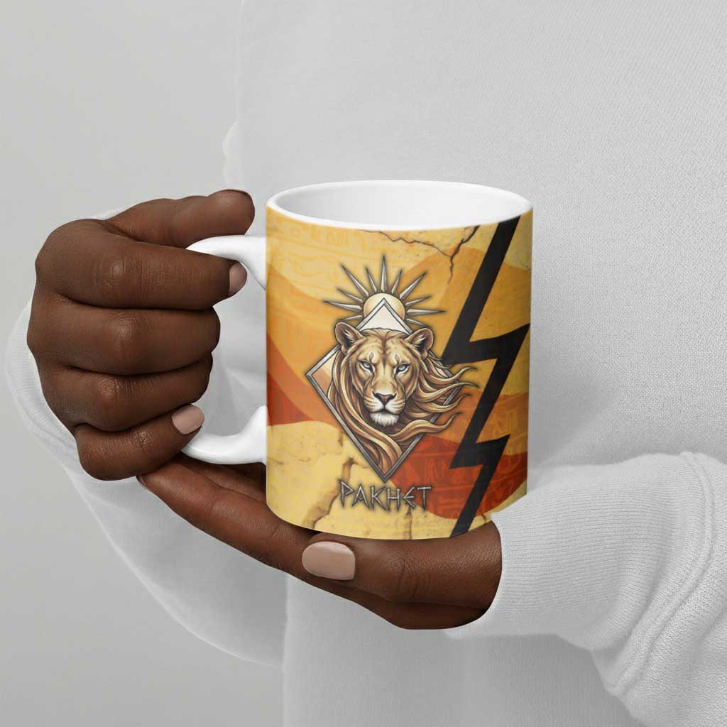 Pakhet Lion Head Ceramic Mug with Claw Marks in Fiery Ancient Egyptian Motif