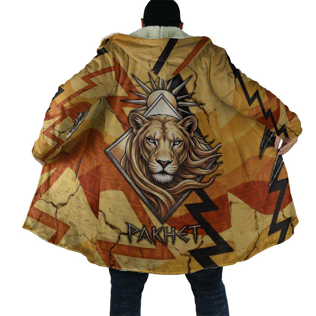 Pakhet Lion Head Cloak with Claw Marks in Fiery Ancient Egyptian Motif
