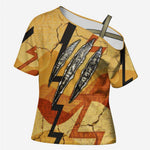 Pakhet Lion Head Cross Shoulder Shirt with Claw Marks in Fiery Ancient Egyptian Motif