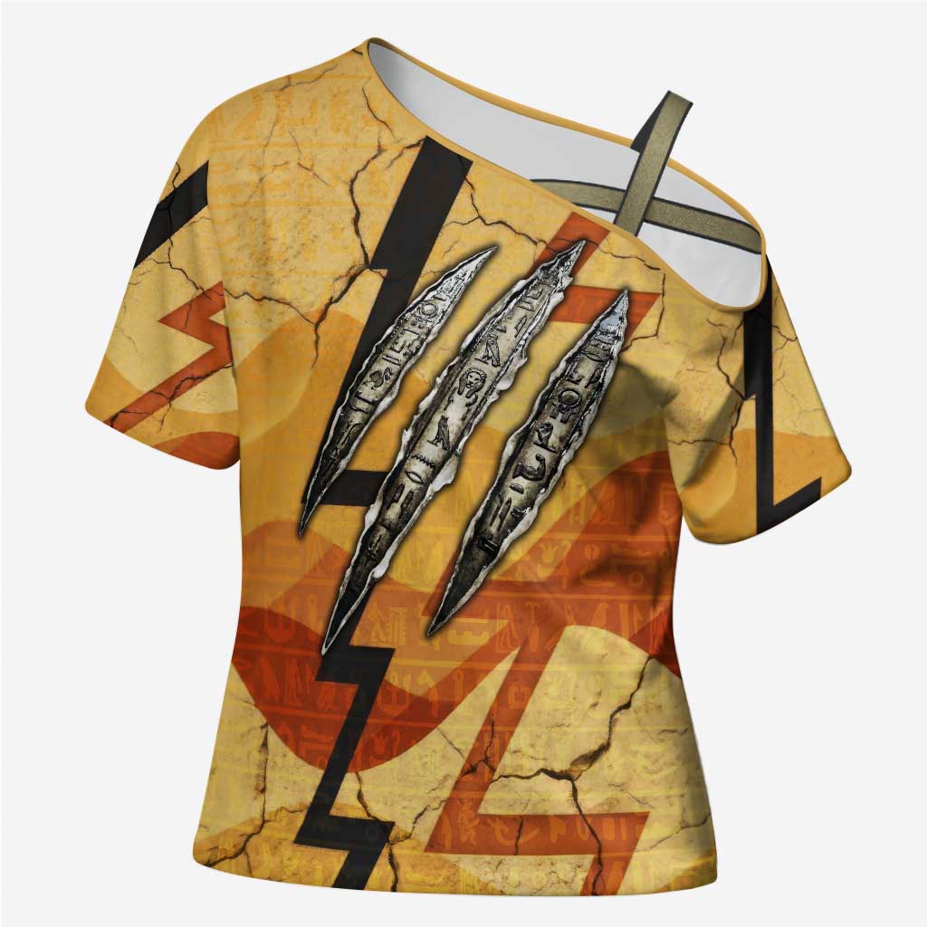 Pakhet Lion Head Cross Shoulder Shirt with Claw Marks in Fiery Ancient Egyptian Motif