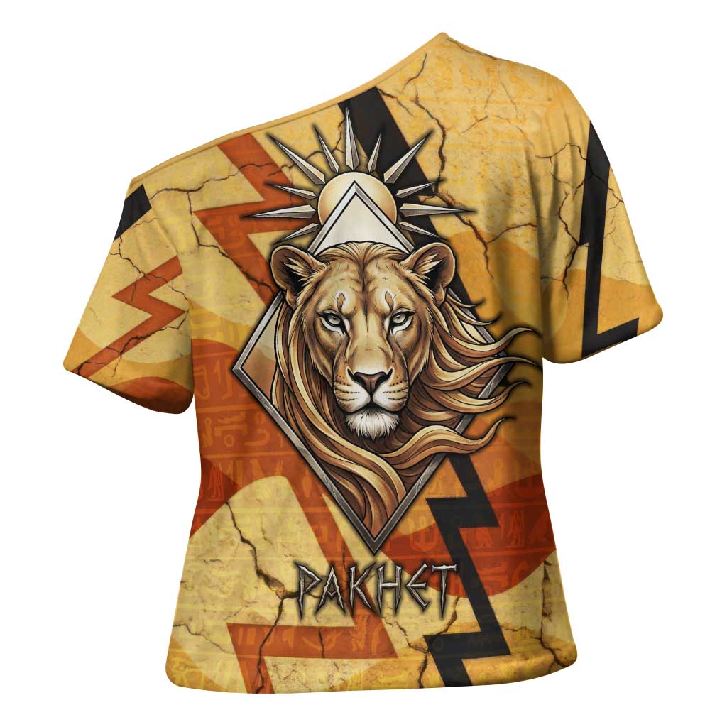 Pakhet Lion Head Cross Shoulder Shirt with Claw Marks in Fiery Ancient Egyptian Motif