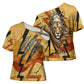 Pakhet Lion Head Cross Shoulder Shirt with Claw Marks in Fiery Ancient Egyptian Motif