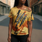 Pakhet Lion Head Cross Shoulder Shirt with Claw Marks in Fiery Ancient Egyptian Motif