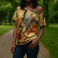 Pakhet Lion Head Cross Shoulder Shirt with Claw Marks in Fiery Ancient Egyptian Motif