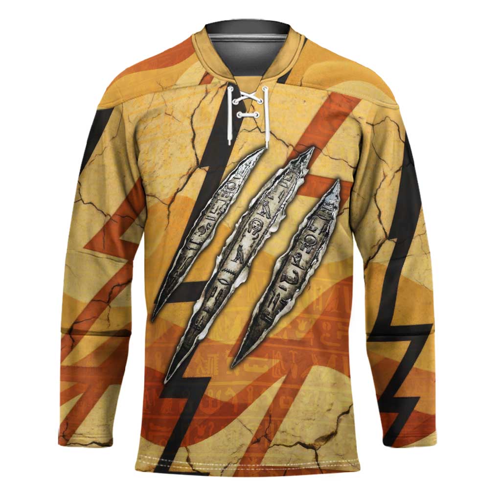 Pakhet Lion Head Hockey Jersey with Claw Marks in Fiery Ancient Egyptian Motif