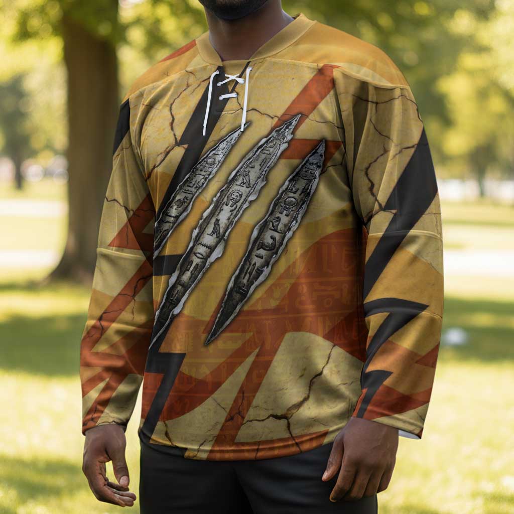 Pakhet Lion Head Hockey Jersey with Claw Marks in Fiery Ancient Egyptian Motif