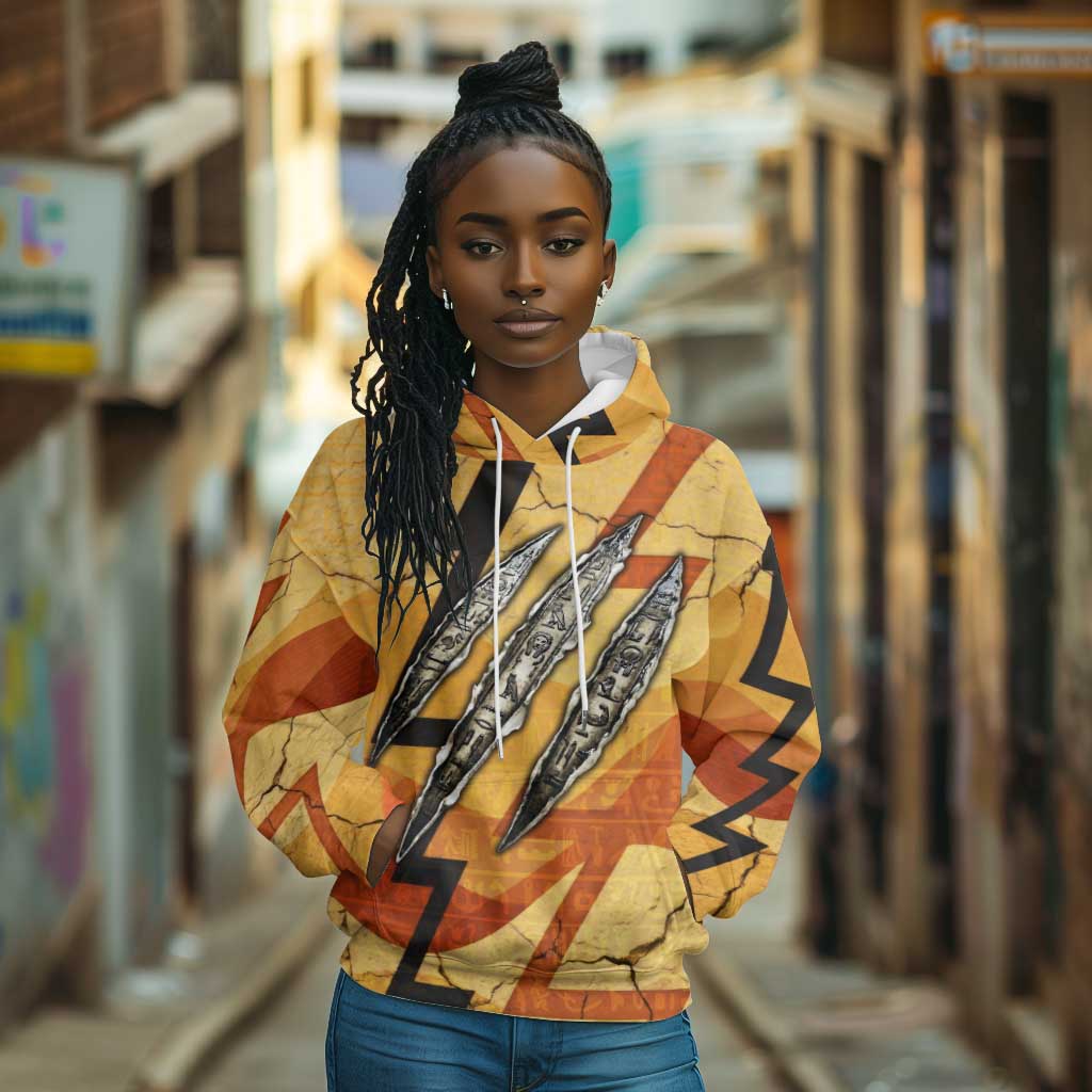 Pakhet Lion Head Hoodie with Claw Marks in Fiery Ancient Egyptian Motif