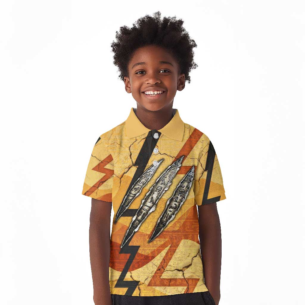Pakhet Lion Head Kid Polo Shirt with Claw Marks in Fiery Ancient Egyptian Motif
