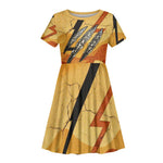 Pakhet Lion Head Kid Short Sleeve Dress with Claw Marks in Fiery Ancient Egyptian Motif