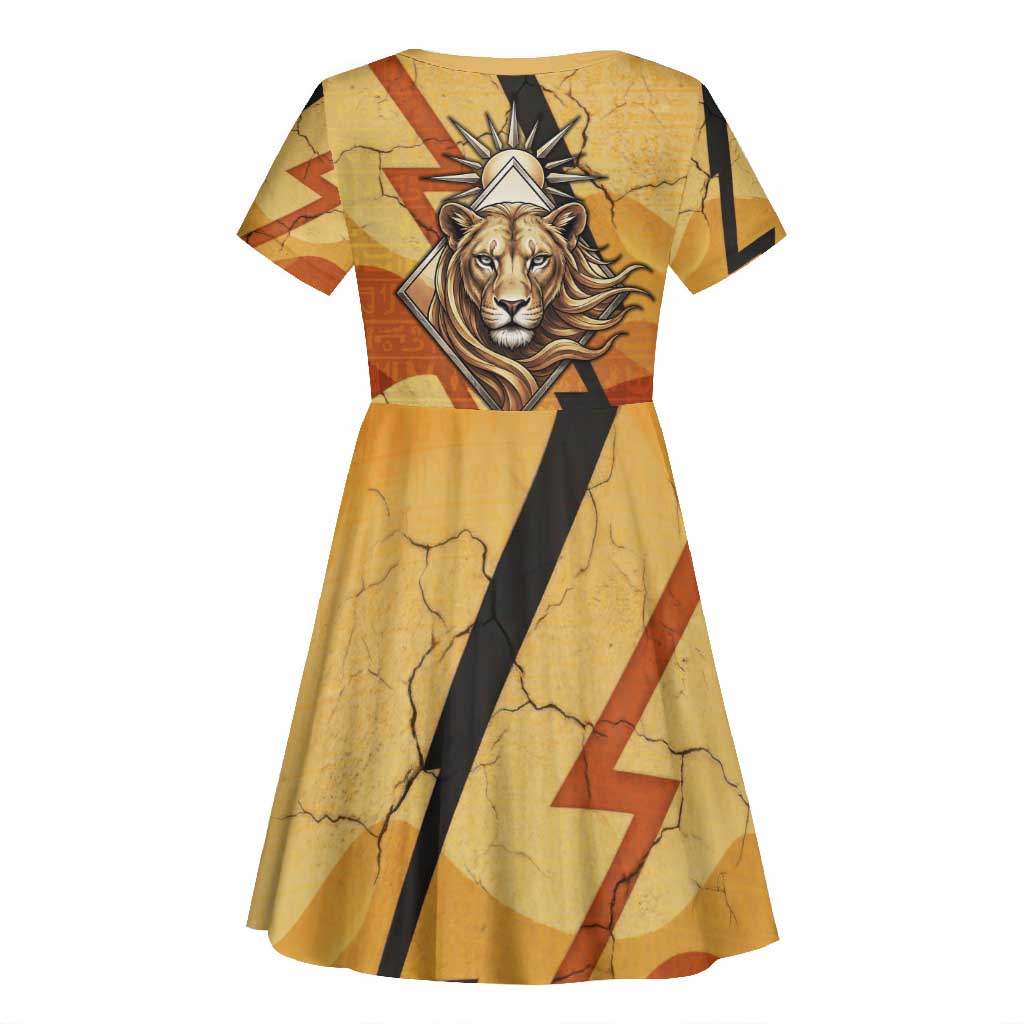 Pakhet Lion Head Kid Short Sleeve Dress with Claw Marks in Fiery Ancient Egyptian Motif