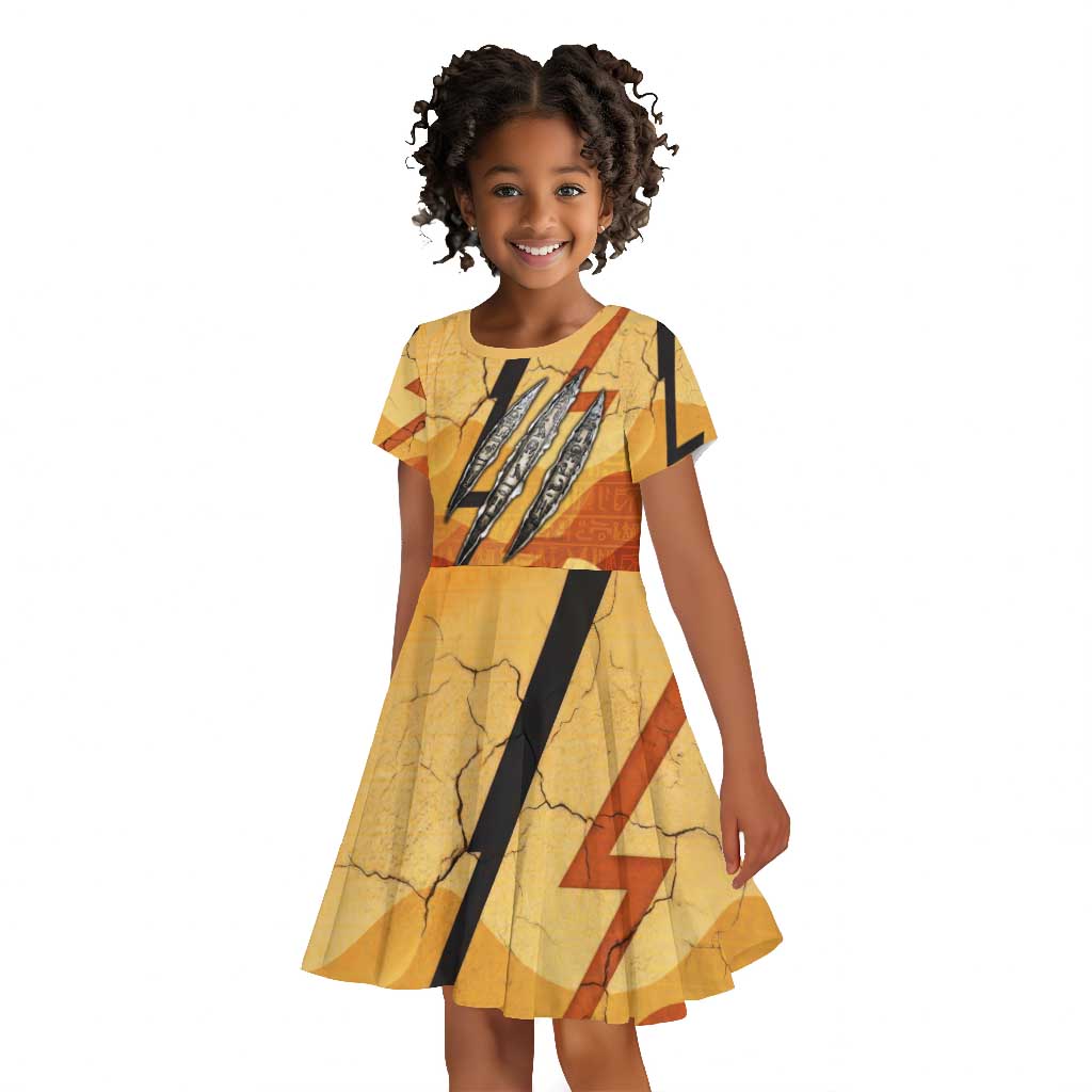 Pakhet Lion Head Kid Short Sleeve Dress with Claw Marks in Fiery Ancient Egyptian Motif