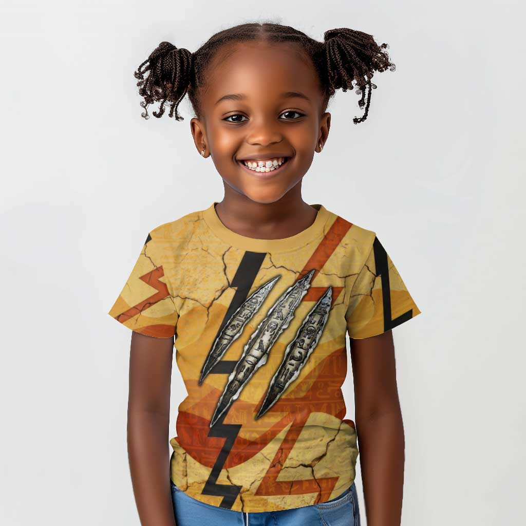 Pakhet Lion Head Kid T shirt with Claw Marks in Fiery Ancient Egyptian Motif