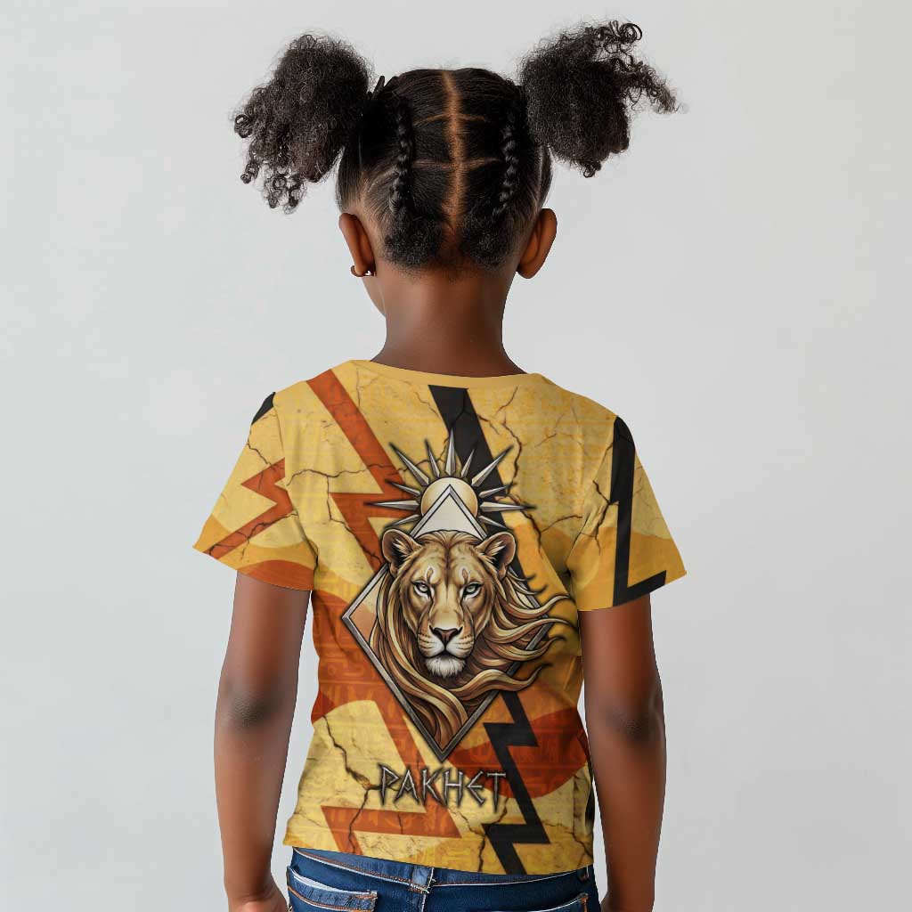 Pakhet Lion Head Kid T shirt with Claw Marks in Fiery Ancient Egyptian Motif