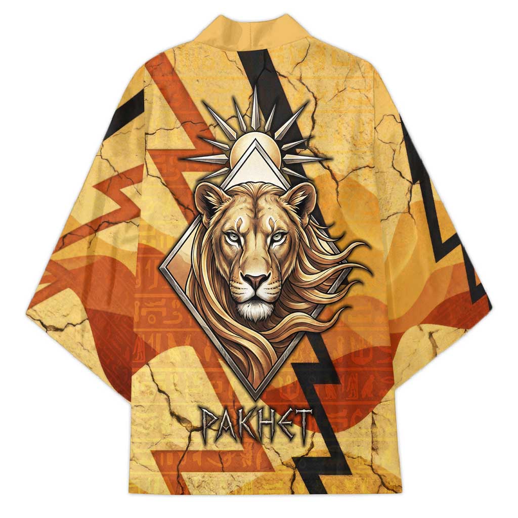 Pakhet Lion Head Kimono with Claw Marks in Fiery Ancient Egyptian Motif