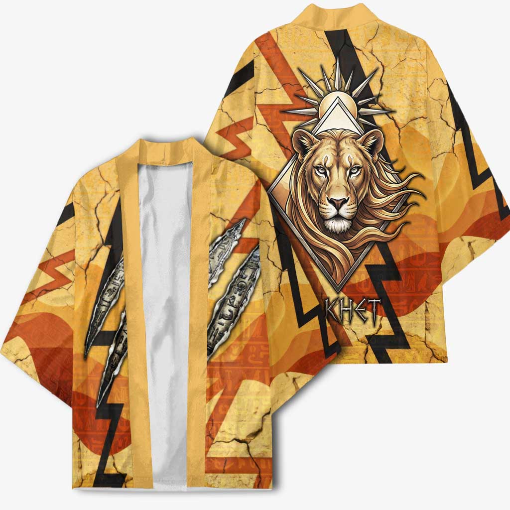 Pakhet Lion Head Kimono with Claw Marks in Fiery Ancient Egyptian Motif