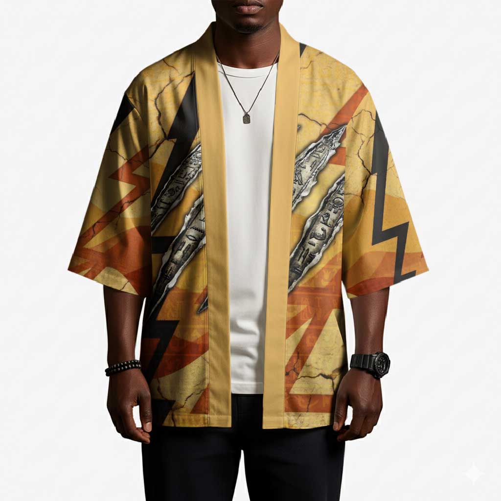 Pakhet Lion Head Kimono with Claw Marks in Fiery Ancient Egyptian Motif