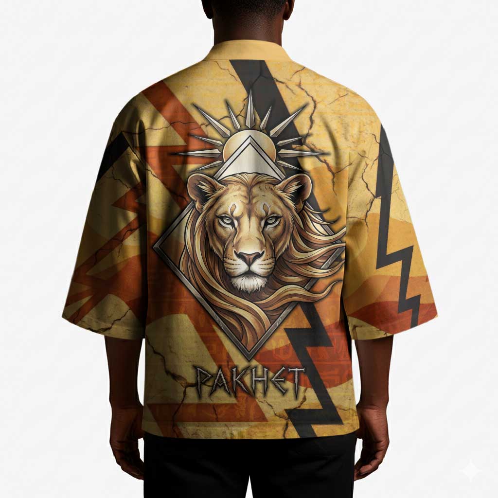 Pakhet Lion Head Kimono with Claw Marks in Fiery Ancient Egyptian Motif
