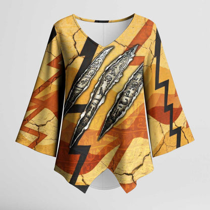 Pakhet Lion Head Kimono Sleeve Blouse with Claw Marks in Fiery Ancient Egyptian Motif