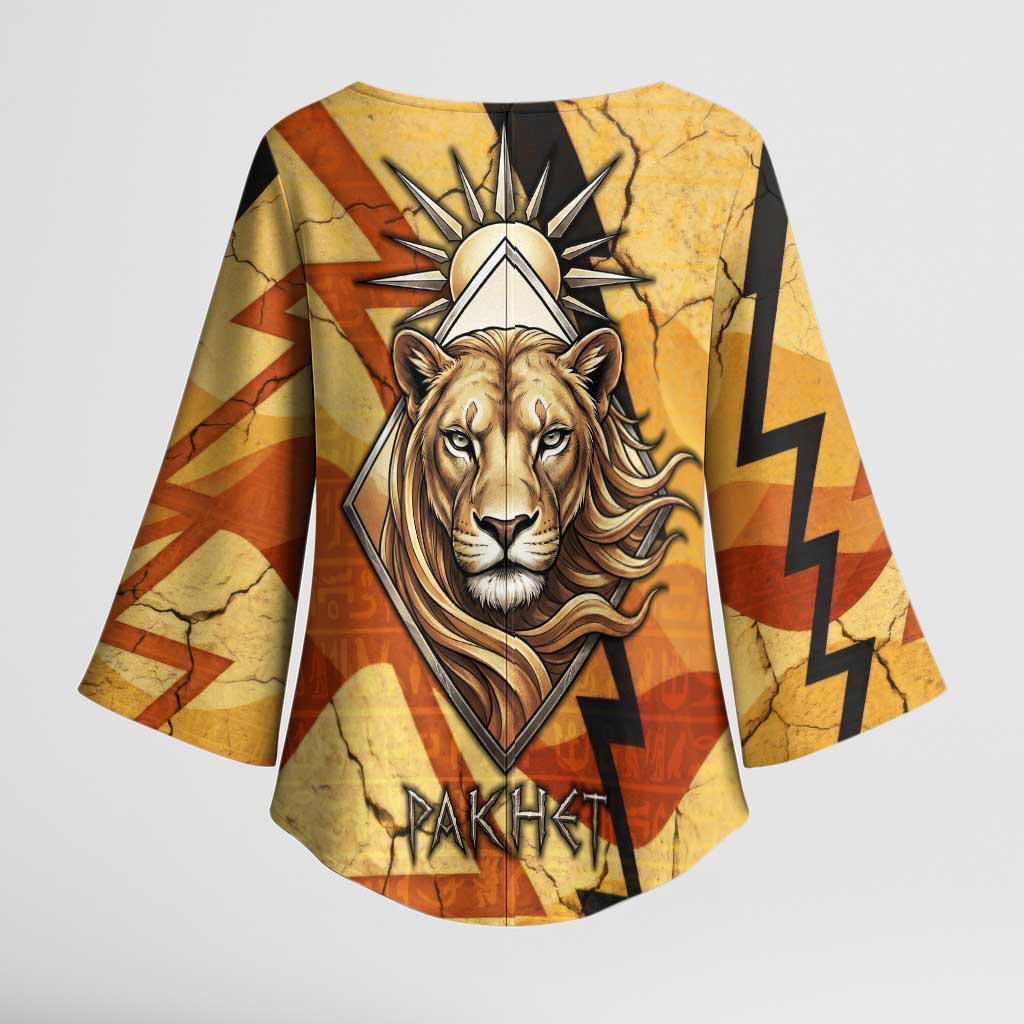 Pakhet Lion Head Kimono Sleeve Blouse with Claw Marks in Fiery Ancient Egyptian Motif