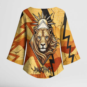 Pakhet Lion Head Kimono Sleeve Blouse with Claw Marks in Fiery Ancient Egyptian Motif