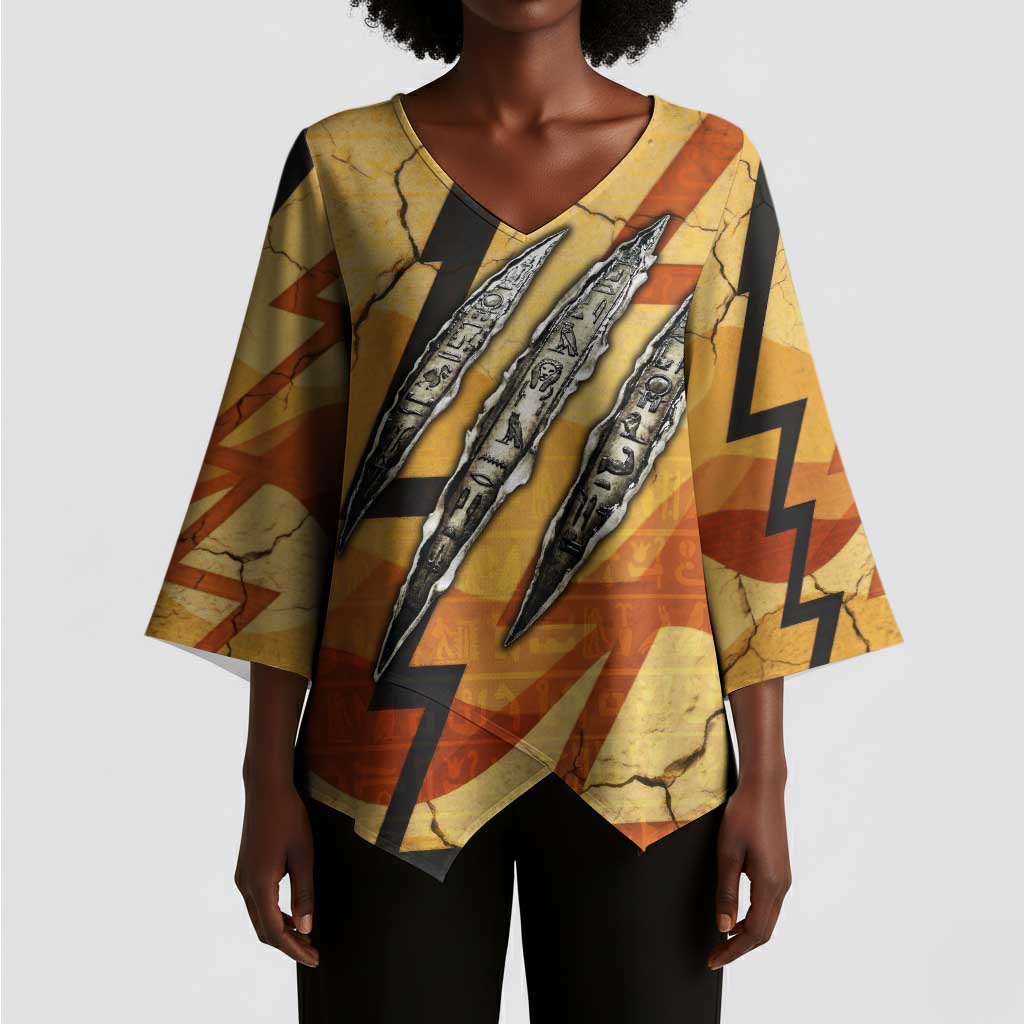 Pakhet Lion Head Kimono Sleeve Blouse with Claw Marks in Fiery Ancient Egyptian Motif