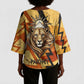 Pakhet Lion Head Kimono Sleeve Blouse with Claw Marks in Fiery Ancient Egyptian Motif