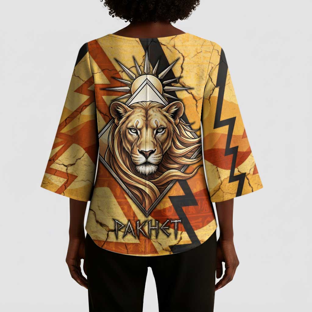 Pakhet Lion Head Kimono Sleeve Blouse with Claw Marks in Fiery Ancient Egyptian Motif
