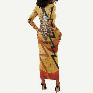 Pakhet Lion Head Long Sleeve Bodycon Dress with Claw Marks in Fiery Ancient Egyptian Motif