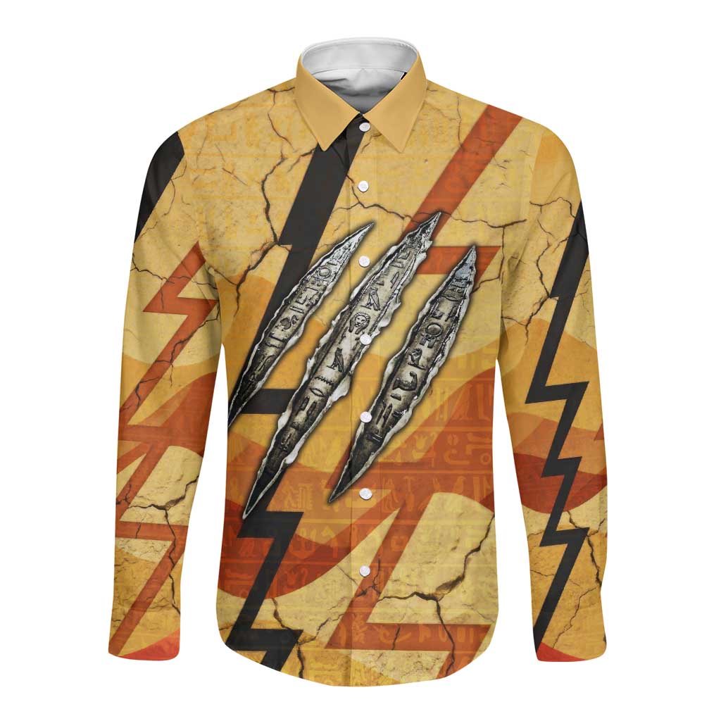 Pakhet Lion Head Long Sleeve Button Shirt with Claw Marks in Fiery Ancient Egyptian Motif
