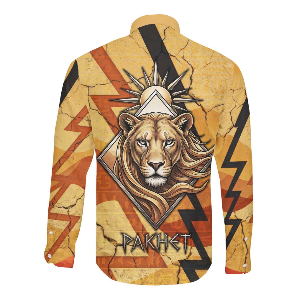 Pakhet Lion Head Long Sleeve Button Shirt with Claw Marks in Fiery Ancient Egyptian Motif