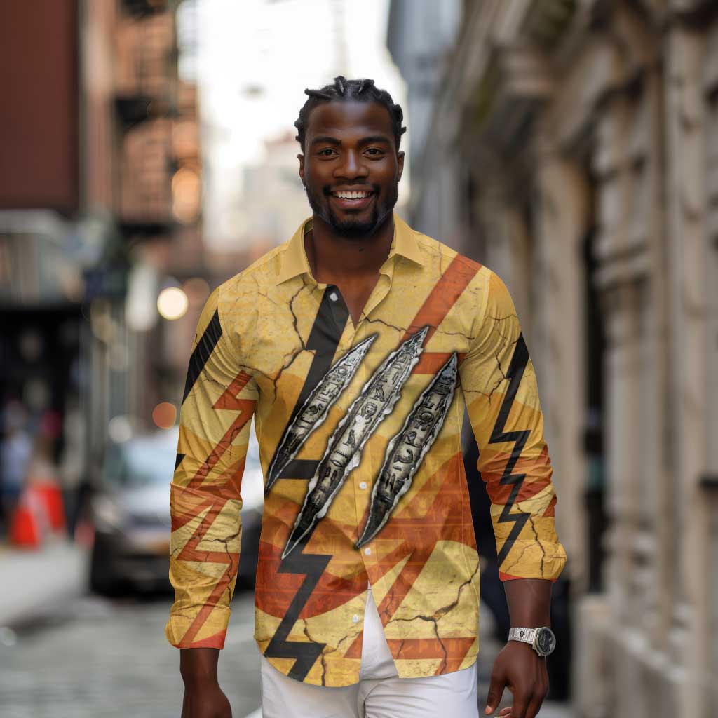 Pakhet Lion Head Long Sleeve Button Shirt with Claw Marks in Fiery Ancient Egyptian Motif