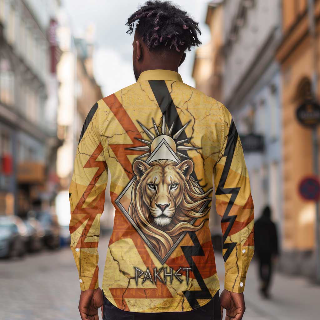 Pakhet Lion Head Long Sleeve Button Shirt with Claw Marks in Fiery Ancient Egyptian Motif