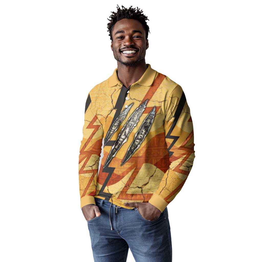 Pakhet Lion Head Long Sleeve Polo Shirt with Claw Marks in Fiery Ancient Egyptian Motif