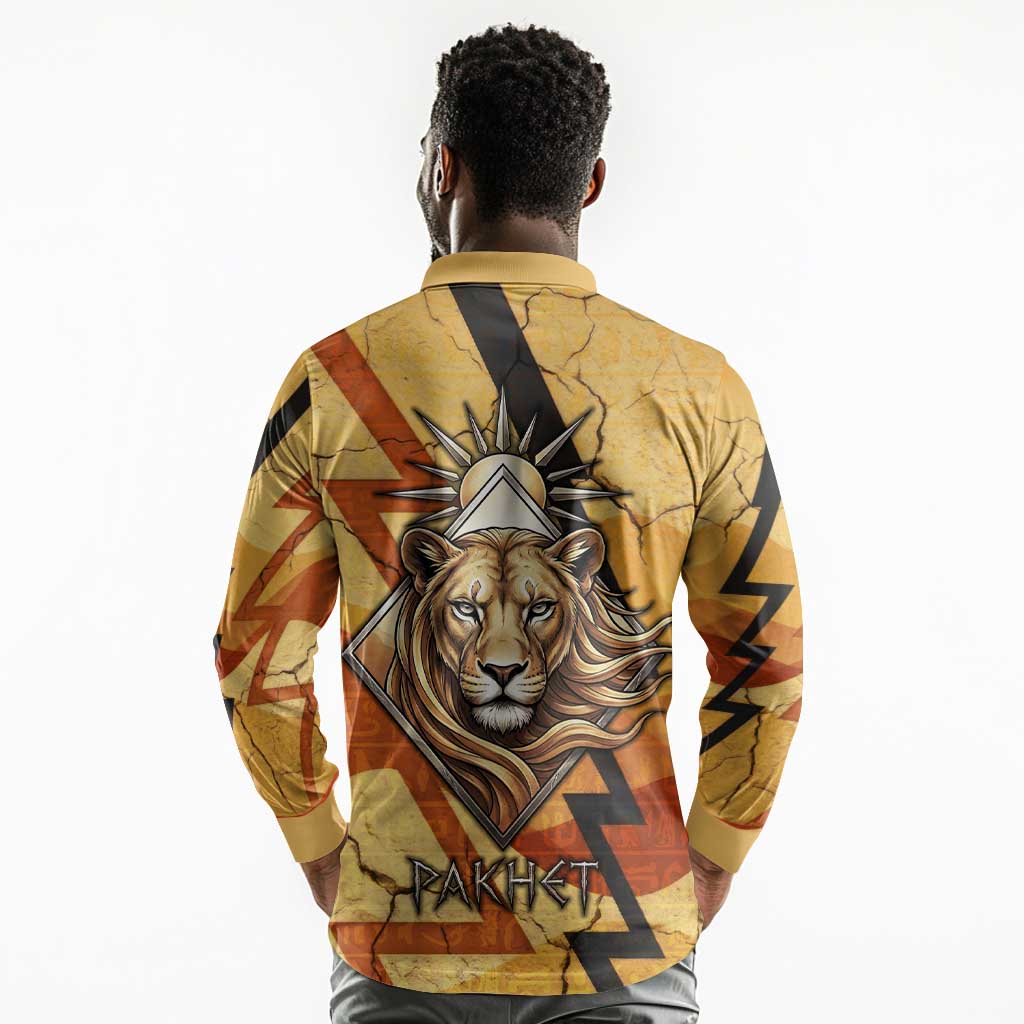 Pakhet Lion Head Long Sleeve Polo Shirt with Claw Marks in Fiery Ancient Egyptian Motif