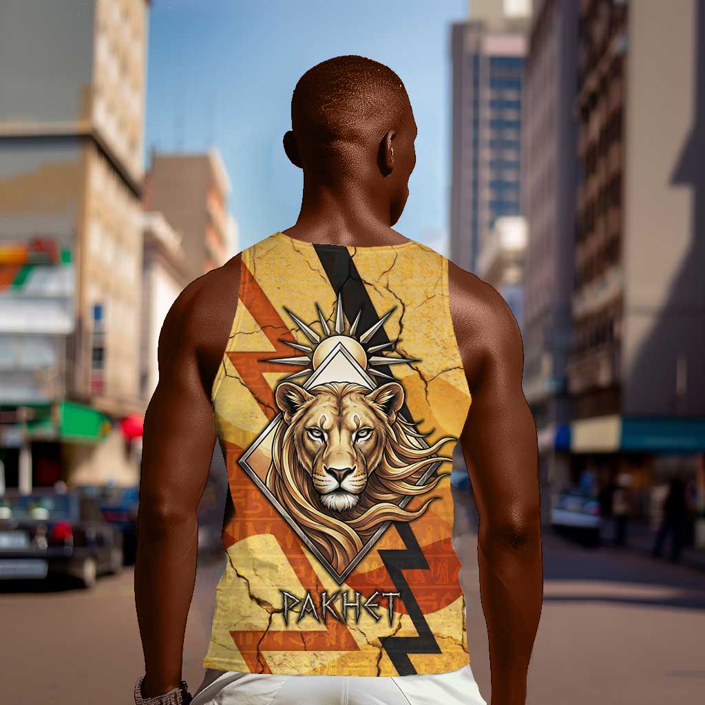 Pakhet Lion Head Men Tank Top with Claw Marks in Fiery Ancient Egyptian Motif