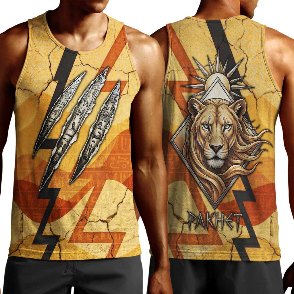 Pakhet Lion Head Men Tank Top with Claw Marks in Fiery Ancient Egyptian Motif