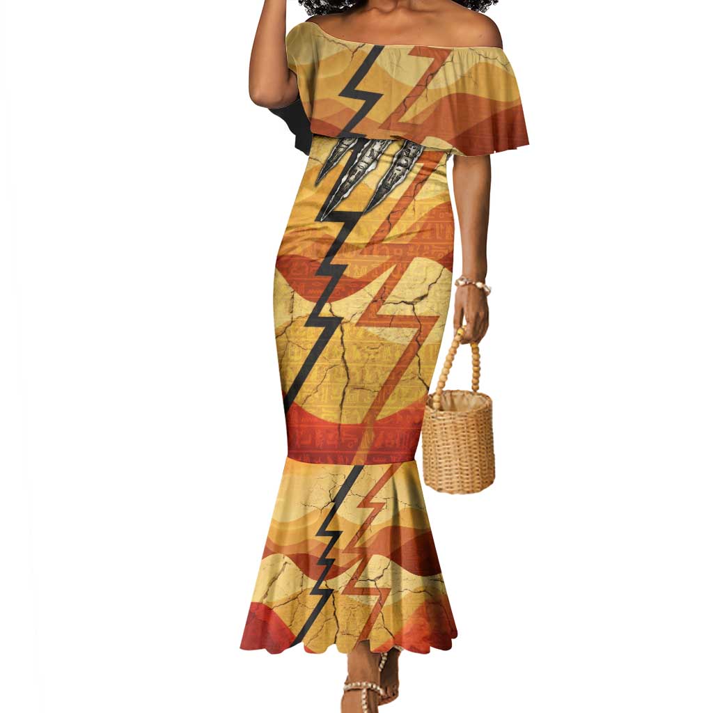 Pakhet Lion Head Mermaid Dress with Claw Marks in Fiery Ancient Egyptian Motif