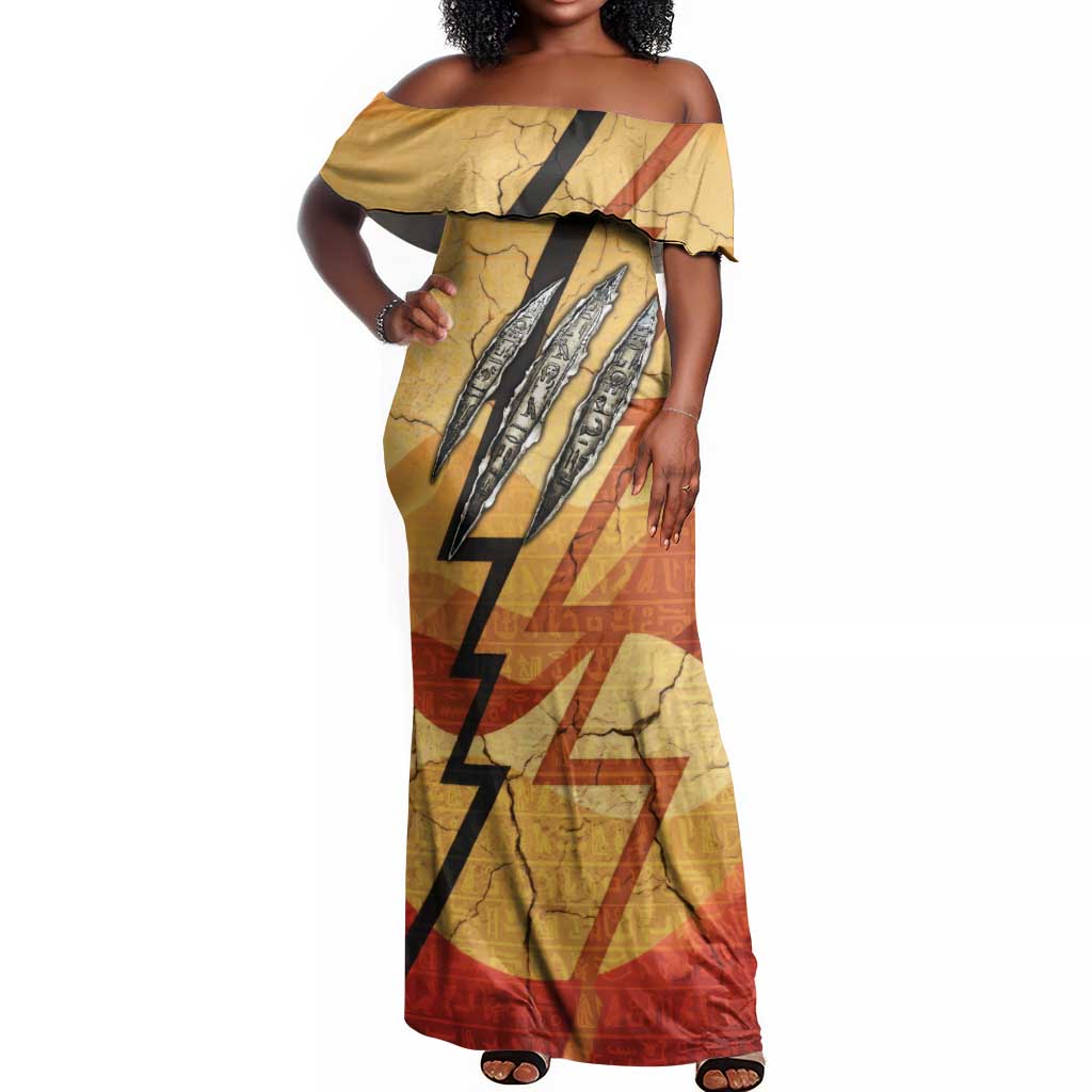 Pakhet Lion Head Off Shoulder Maxi Dress with Claw Marks in Fiery Ancient Egyptian Motif