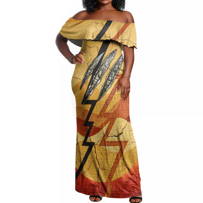 Pakhet Lion Head Off Shoulder Maxi Dress with Claw Marks in Fiery Ancient Egyptian Motif