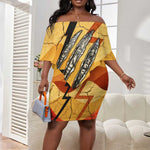 Pakhet Lion Head Off Shoulder Short Dress with Claw Marks in Fiery Ancient Egyptian Motif