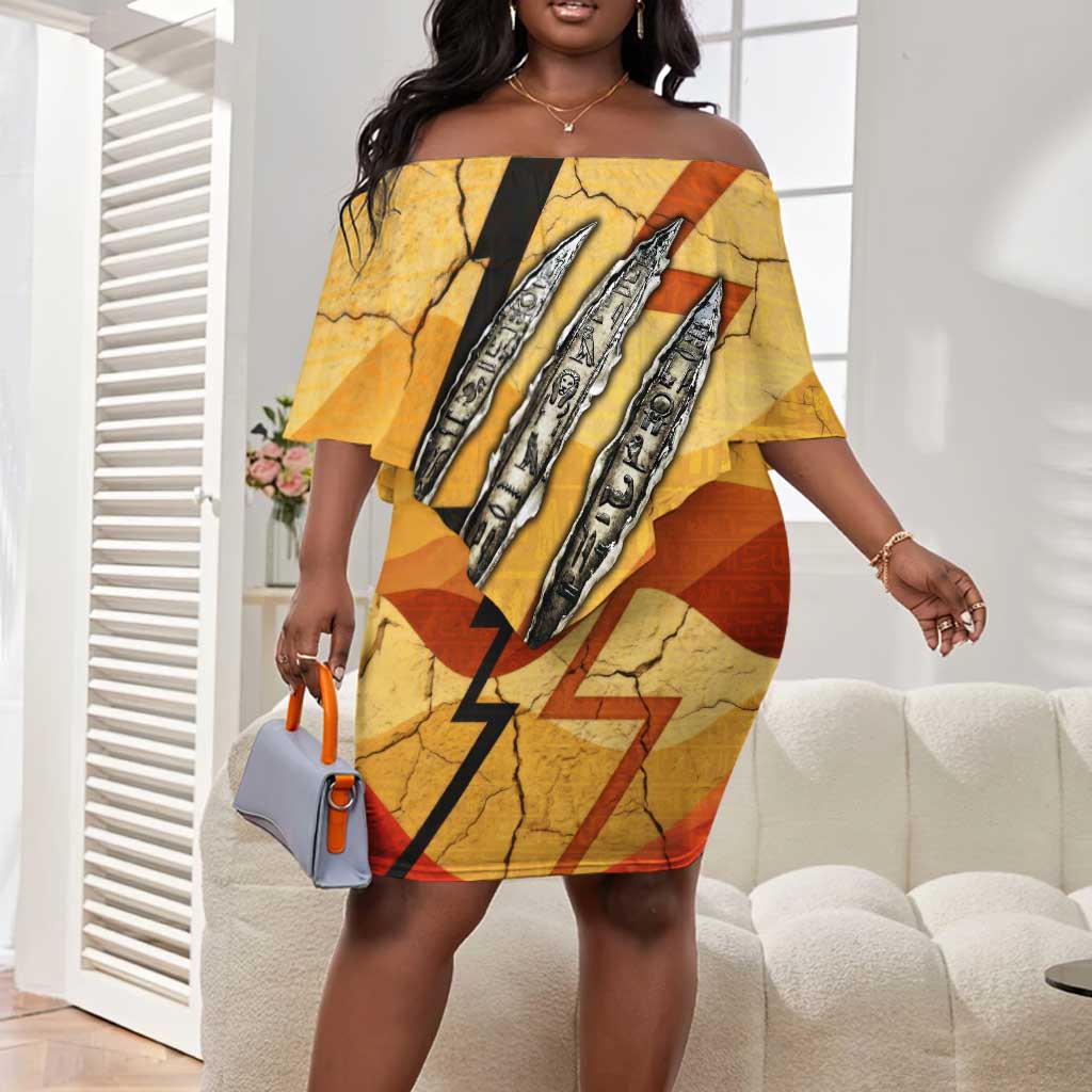 Pakhet Lion Head Off Shoulder Short Dress with Claw Marks in Fiery Ancient Egyptian Motif