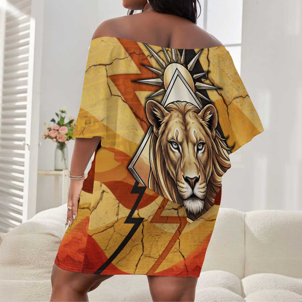 Pakhet Lion Head Off Shoulder Short Dress with Claw Marks in Fiery Ancient Egyptian Motif
