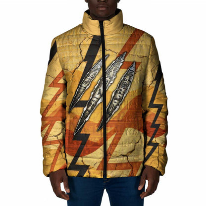 Pakhet Lion Head Padded Jacket with Claw Marks in Fiery Ancient Egyptian Motif
