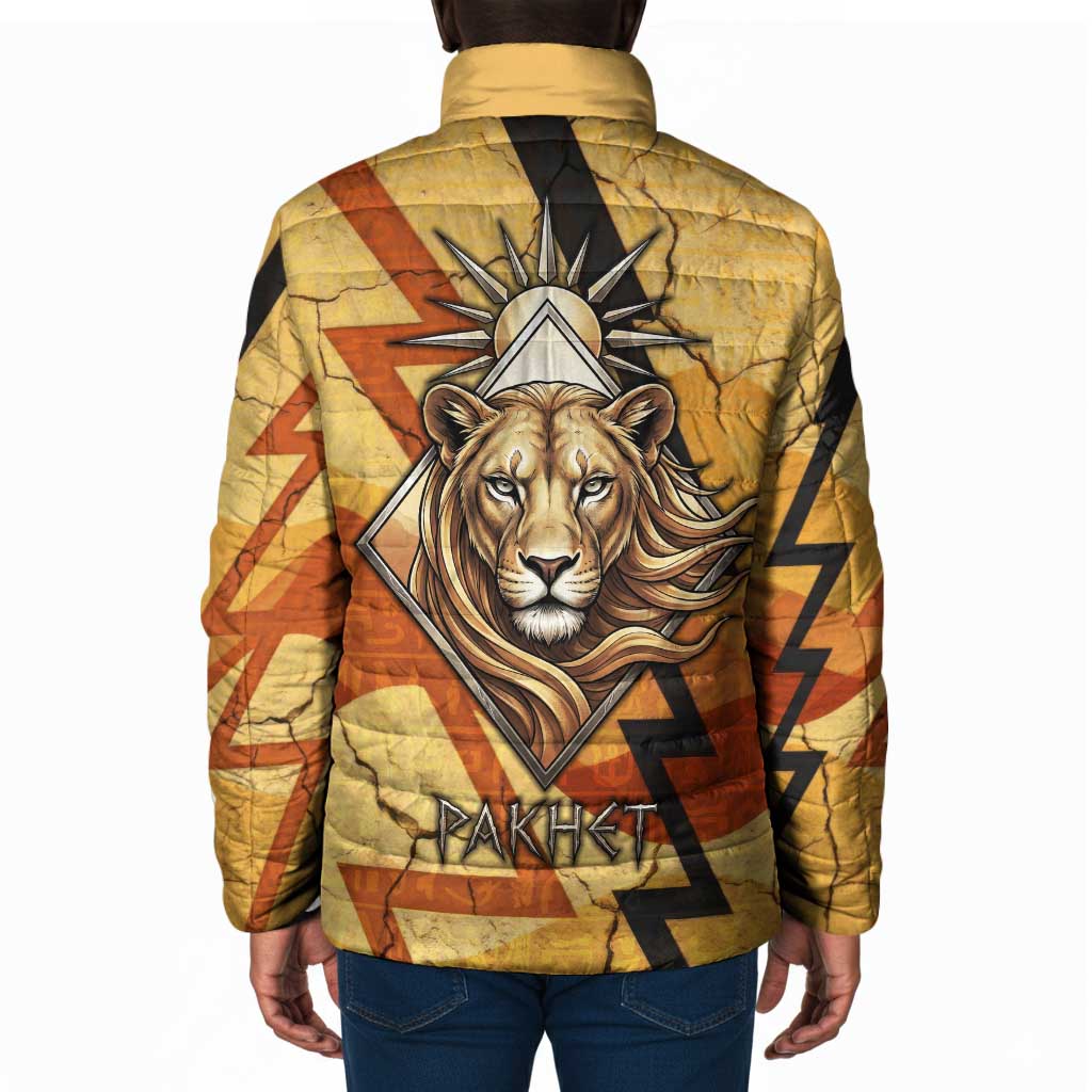 Pakhet Lion Head Padded Jacket with Claw Marks in Fiery Ancient Egyptian Motif