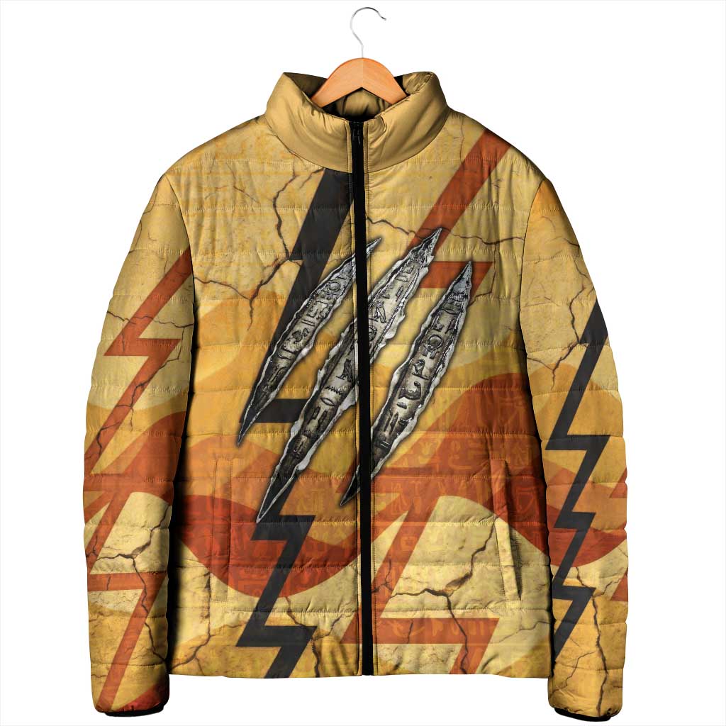 Pakhet Lion Head Padded Jacket with Claw Marks in Fiery Ancient Egyptian Motif