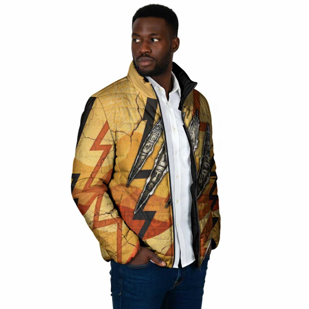 Pakhet Lion Head Padded Jacket with Claw Marks in Fiery Ancient Egyptian Motif