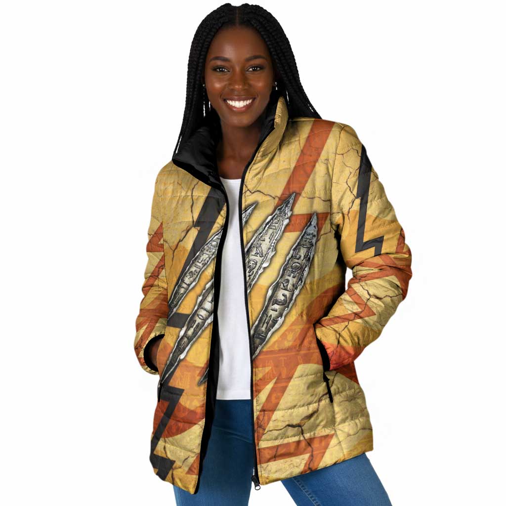 Pakhet Lion Head Padded Jacket with Claw Marks in Fiery Ancient Egyptian Motif