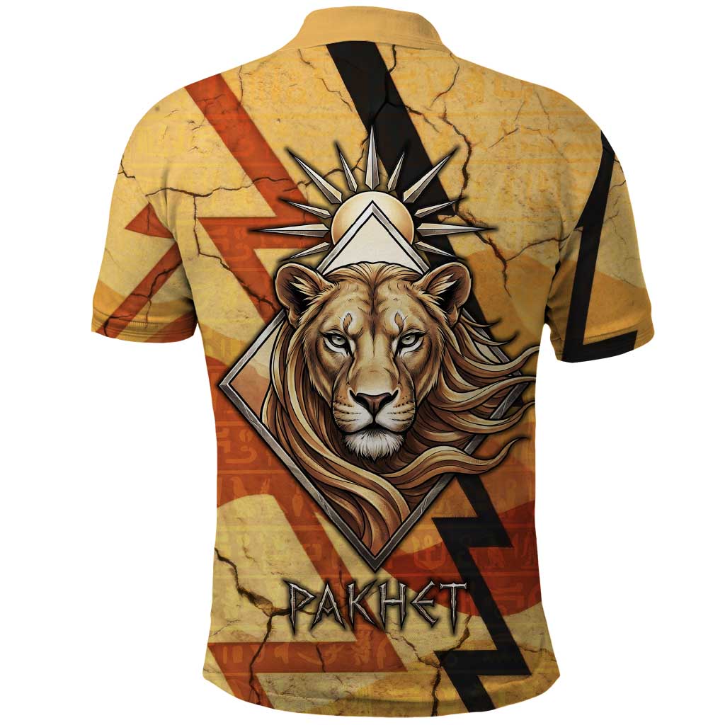 Pakhet Lion Head Polo Shirt with Claw Marks in Fiery Ancient Egyptian Motif