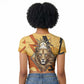 Pakhet Lion Head Raglan Cropped T shirt with Claw Marks in Fiery Ancient Egyptian Motif