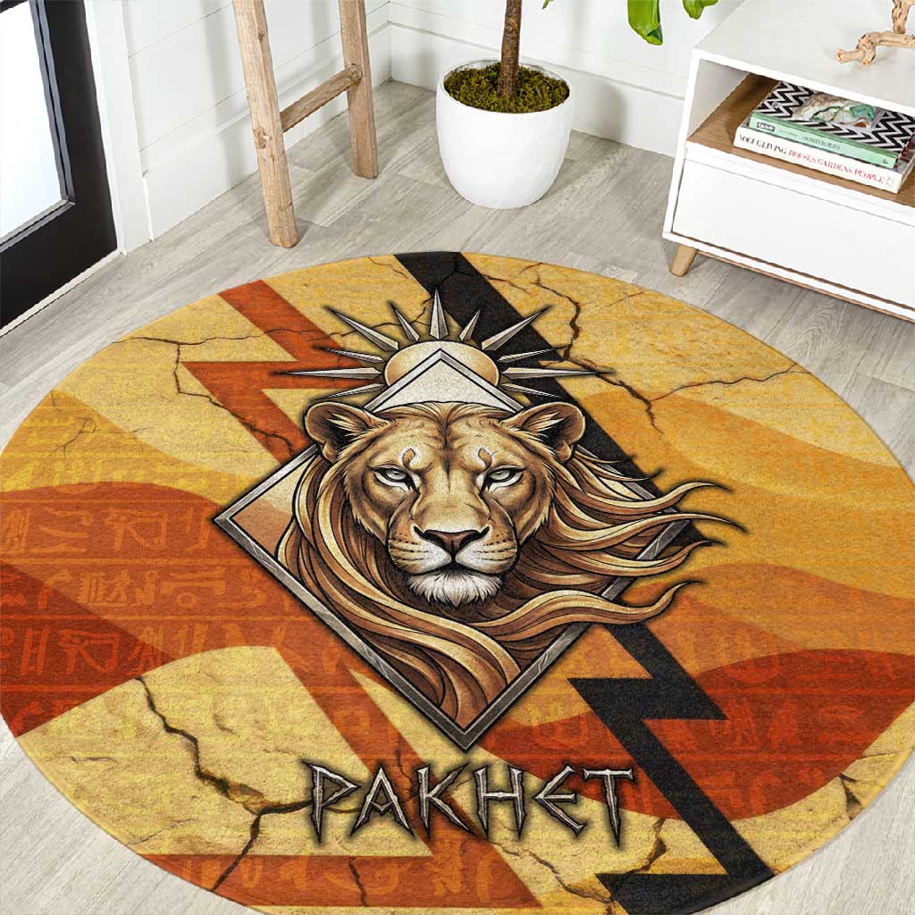 Pakhet Lion Head Round Carpet with Claw Marks in Fiery Ancient Egyptian Motif